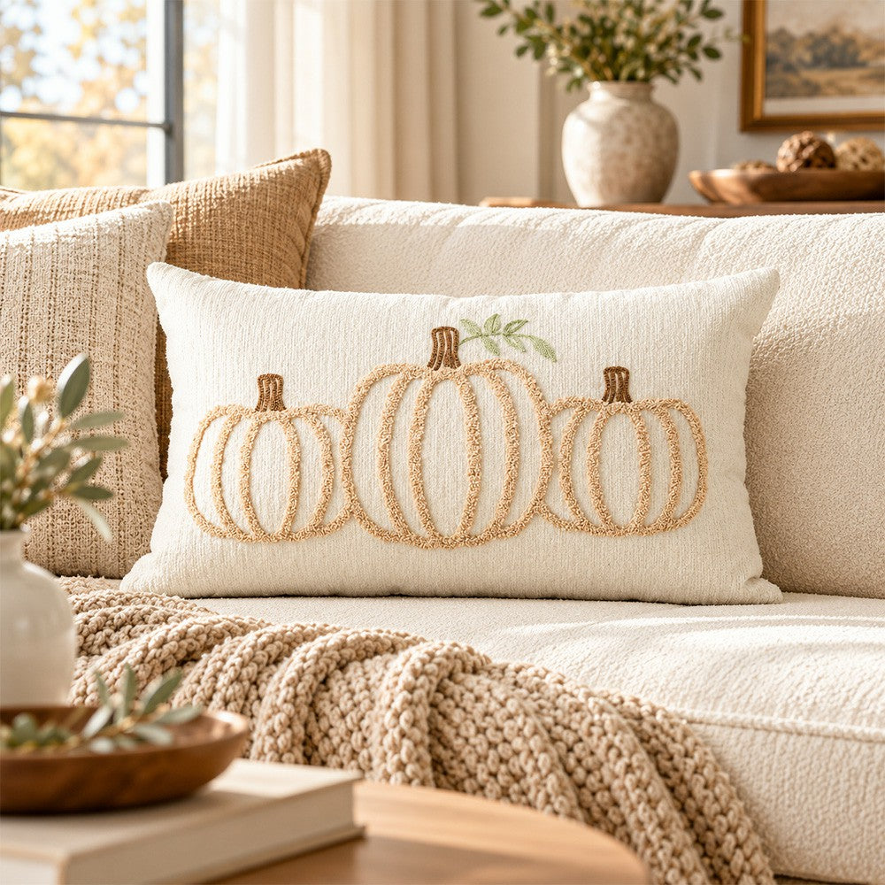 Ivorymere pumpkin lumbar pillow cover styled on a cream sofa with neutral textured cushions
