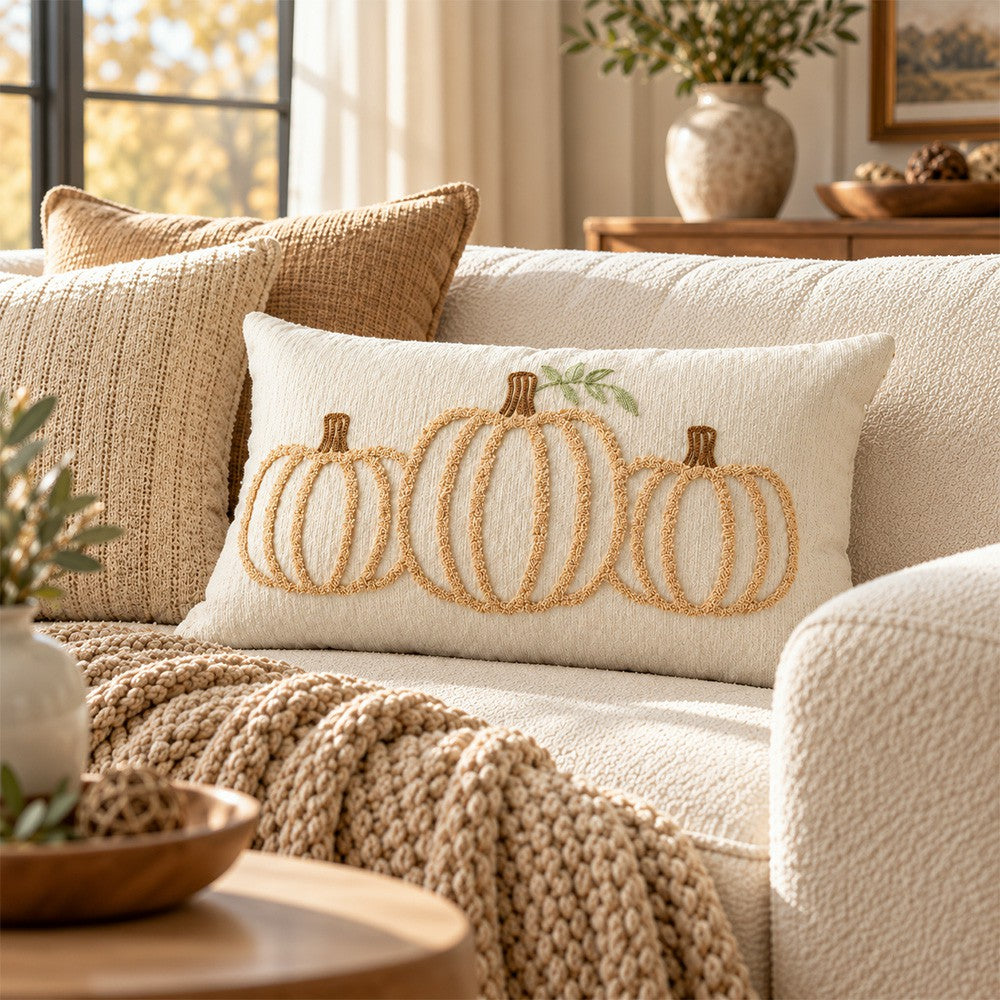 Ivory chenille pumpkin pillow cover layered with knit and boucle pillows on a cream sofa