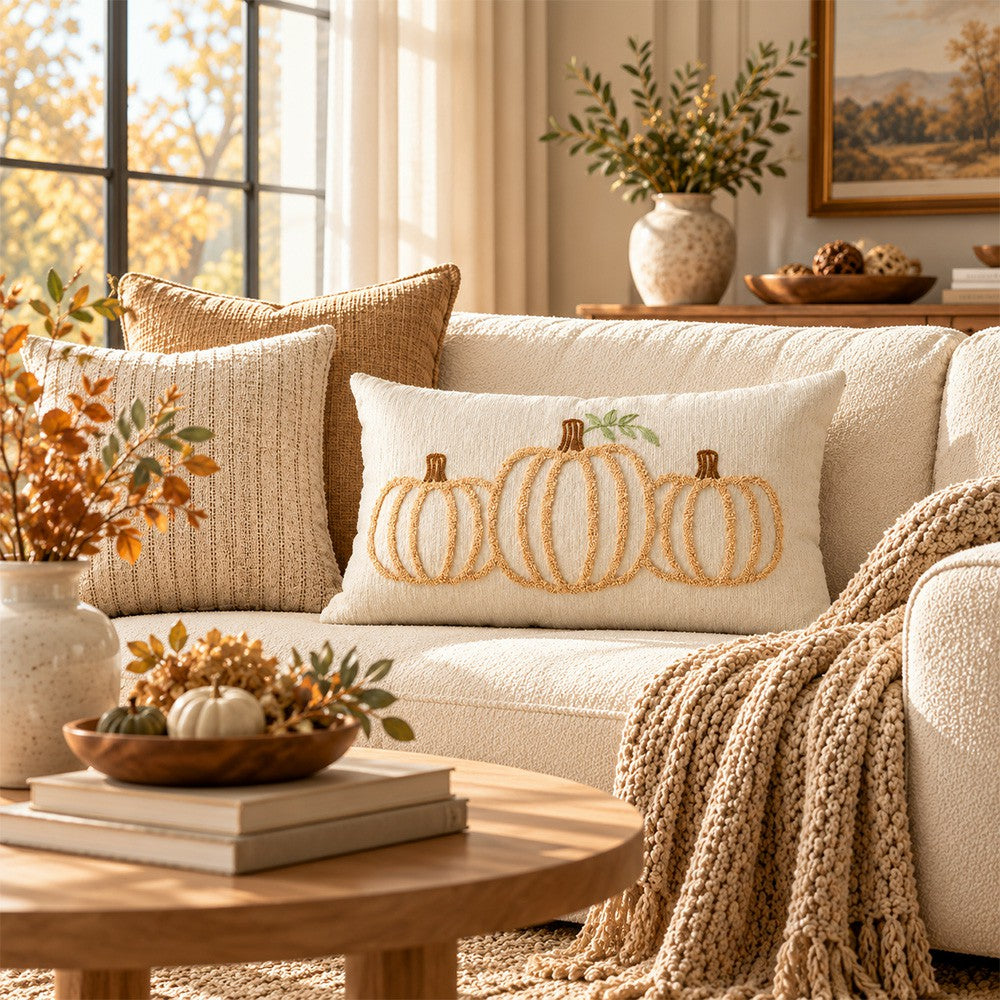 Ivorymere pumpkin lumbar pillow cover in a neutral living room with autumn accents