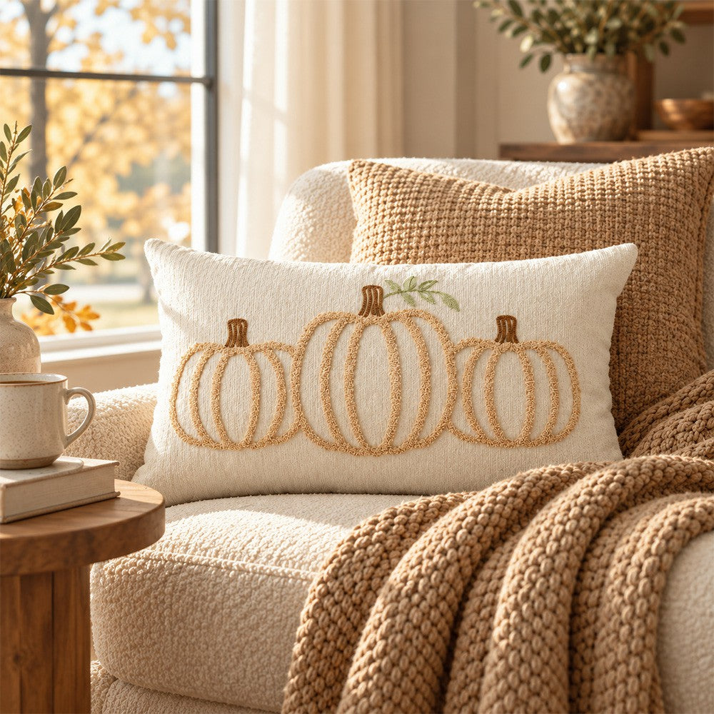 Textured pumpkin lumbar pillow cover displayed on a cream accent chair with a chunky throw