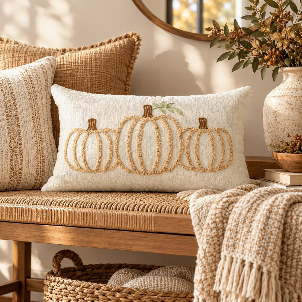 Ivory chenille pumpkin pillow cover styled on a woven bench beneath a round mirror