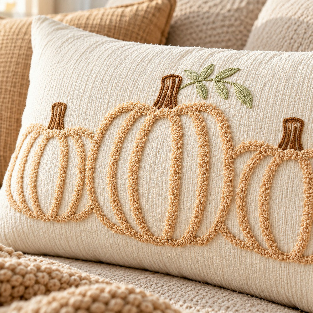 Close-up of raised terry pumpkin embroidery and green leaf detail on ivory chenille
