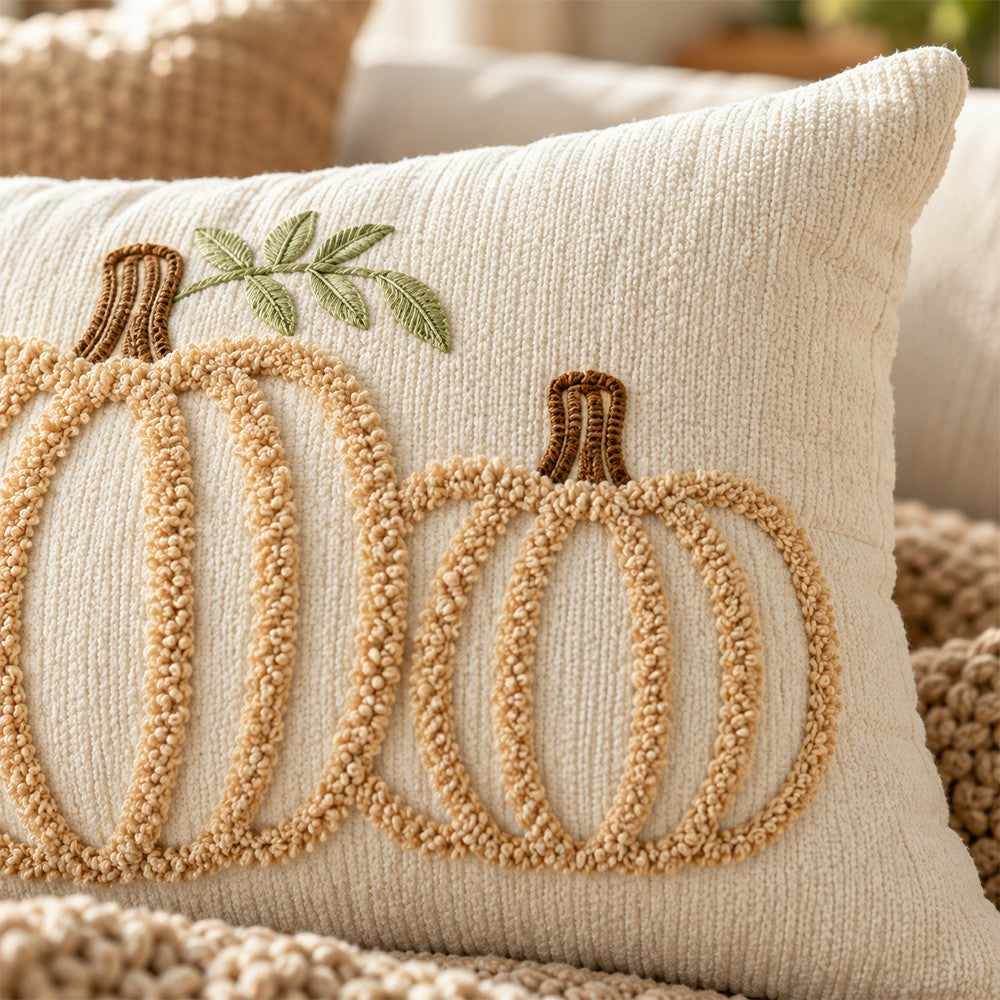 Close-up of the looped pumpkin stitching and textured ivory chenille fabric