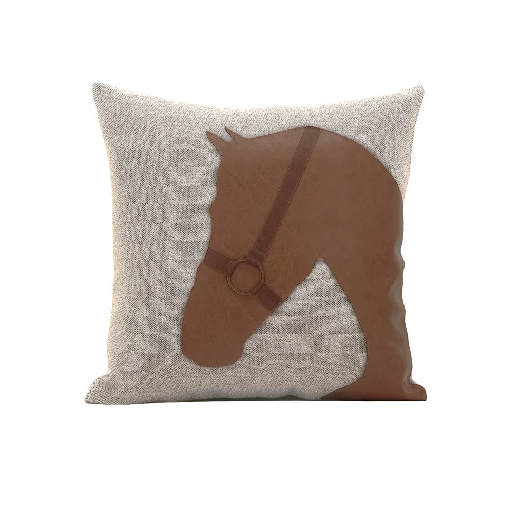 Mustang horse head leather-look cotton-linen pillow cover